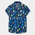 Detailed view of blue men's Hawaiian shirt with short sleeves and cartoon dog print pattern - M / Tops / Cartoon Dog Blue (XH69)