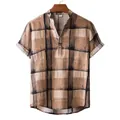 Close-up of men's vintage brown plaid linen shirt with a stylish grandad collar design - M / Top - Retro Plaid Style (Z-PL07) / Plaid