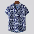 Detail showing the full front design of a men's blue and white ethnic print Hawaii shirt - Blue White Ethnic Totem Print (XH46)
