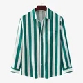 Front view of a casual men's long-sleeved shirt with green and white vertical stripes - S / Tops / Lake Blue