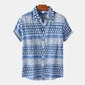 Men's summer ethnic style short sleeve button-down shirt with blue paisley print detail - S / Blue White Ethnic Print