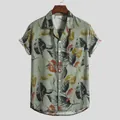 Vintage herenoverhemd met bladprint, korte mouwen, button-down, olijfgroen - 3XL / Tops / Groene Bladeren Print (MV08)