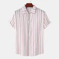 Men's casual summer short-sleeve vertical striped shirt in pink and gray white - 3XL / Tops / Pink (C121)