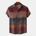 Men's casual short-sleeve shirt featuring unique ethnic wavy multi-color patchwork patterns - M / Tops / Burgundy