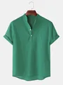 Vue détaillée d'une chemise décontractée en coton et lin vert à manches courtes pour hommes - M / Hauts / Vert