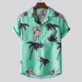 Men's mint green Hawaii shirt featuring playful dog and palm tree prints - M / Tops / Mint Green Bulldog Print (XH35)