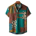 Detailed view of men's vintage patchwork cotton linen short sleeve casual shirt - M / Top - Retro Patchwork Style (Z-PL09) / Green