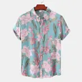 Detaillierte Vorderansicht eines Herren-Hawaiihemds mit kurzem Arm und rosa Blumenmuster - Hellcyan Rosa Orchidee (C48-Grün)