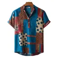 Men's vintage patchwork linen short-sleeve shirt with floral and polka dot prints - M / Top - Paisley Patchwork Style (Z-PL09) / Blue