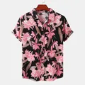 Detailed view of the pink floral and brown leaf pattern on a black Hawaiian shirt - 3XL / Tops / Pink Floral Black (C48)