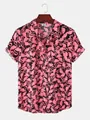 Stylish men's pink flamingo print short sleeve button-up casual shirt in black - 3XL / Tops / Black