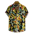 Men's casual short sleeve button down shirt with a vibrant yellow floral print pattern - M / Tops / Black (C151)