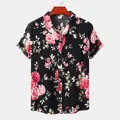 Front view of men's short sleeve Hawaiian shirt with pink floral print on black background - 3XL / Tops / Pink Rose Black (C45)