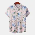 Herren Kurzarm Hawaiihemd im Strandstil mit blauem Blumendruck auf hellrosa Untergrund - Blaugrün Rosa Orchidee (C44)