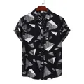 Detail view of men's short sleeve Hawaiian shirt with black and white abstract print - Black White Splatter