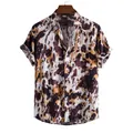 Men's stylish casual short sleeve button-down shirt with brown animal print pattern - M / Tops / Dark Color (C147)
