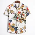 Vintage Hawaii-Print Herrenhemd aus Baumwollleinen mit kurzen Ärmeln für den Sommer - 3XL / Oberteile / Bedruckt