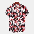 Detail of a men's short-sleeved shirt featuring a red and black geometric pattern. - M / Tops / White Base Red Black Geometric Print Style (C152)