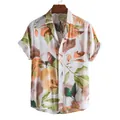 Men's casual short sleeve floral shirt with artistic leaf print pattern - M / Tops / Light Floral (C150)