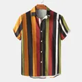 Vista detallada de una camisa de manga corta para hombre a rayas con ajuste holgado - 3XL / Tops / Caqui (C112)