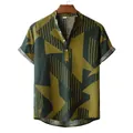 Casual men's short-sleeved shirt with yellow geometric patterns on dark green linen fabric - M / Tops / Green (Z-PL10)