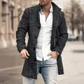Close-up of men's casual wool-blend coat with geometric print pattern in street style - A13 Print