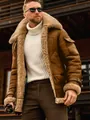 Detailed view of men's brown faux suede shearling jacket with warm faux fur lining - 3XL / Tops / Regular Fit / Turmeric