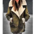 Detail view of women's olive green faux shearling suede winter coat with buckles - S / Tops / Dark Green