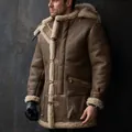 Detailed view of the premium suede texture and warm faux fur lining on this men's winter coat - S / Tops / Camel