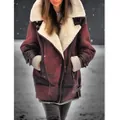 Close-up of women's burgundy faux suede winter jacket with thick white faux fur lining - S / Tops / Brick Red