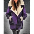 Close-up of the thick faux shearling collar and textured purple suede material - S / Tops / Purple Blue