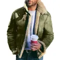 Close-up detail of a men's green suede jacket featuring a thick faux shearling collar. - M / Tops / Olive Green