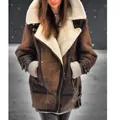 Close-up view of a warm brown suede jacket with white faux fur lining worn outdoors - S / Tops / Khaki