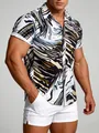Chemise hawaïenne à manches courtes pour hommes avec imprimé abstrait noir et beige - 3XL / Hauts / Noir Brun Rayures Abstraites (C258)