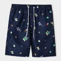 Macro view of navy blue swim trunks featuring fun pixel art dinosaur surfing pattern. - 2XL / Bottoms / Dark Blue Pixel Illustration (ST73)