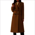Full-length view of a classic brown double-breasted wool coat for women in autumn - 3XL / Tops / Camel