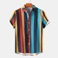 Camisa casual de manga corta para hombre con vibrantes rayas verticales de colores. - 3XL / Tops / Negro (C112)