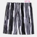 Detail view of men's beach shorts featuring a grey and black brush stroke stripe pattern. - L / Bottoms / Black White Art Stroke (ST74)