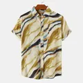 Men's short-sleeved casual beach shirt with a colorful abstract wavy marble pattern - 3XL / Tops / Yellow (C169)