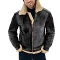 Men's thickened suede faux fur shearling jacket warm winter coat with vintage grey finish - 3XL / Tops / Dark Grey + Black