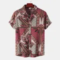 Detailed view of colorful ethnic pattern men's short sleeve button-down shirt on hanger - S / Red Yellow Abstract Print