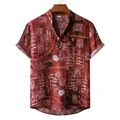 Men's casual short sleeve shirt with vintage ethnic print and mandarin collar for beach holiday - M / Tops / Red (Z-PL04)