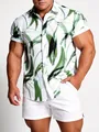 Chemise hawaïenne à manches courtes pour hommes avec imprimé de feuilles vertes - 3XL / Hauts / Blanc Imprimé Feuilles Vertes (C259)