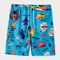 Vibrant blue men's beach shorts with colorful graffiti prints and drawstring waist. - 3XL / Bottoms / Graffiti Style (ST81)