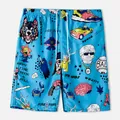 Vibrant blue men's beach shorts with colorful graffiti prints and drawstring waist. - 3XL / Bottoms / Graffiti Style (ST81)