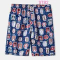 Men's navy blue beach shorts featuring colorful cartoon dog portrait patterns with drawstring waist. - XL / Bottoms / Dark Blue Dog Print (ST82)