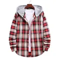 Chaqueta de camisa a cuadros con capucha para hombre con patrón rojo y negro y capucha gris - S / Tops / Rojo