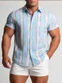Chemise hawaïenne pour homme bleu clair à fleurs et rayures verticales style été - 3XL / Hauts / Bleu Rayures Verticales (C268)