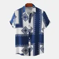 Detailed front view of men's blue and white ethnic geometric print short sleeve shirt - Blue White Geometric