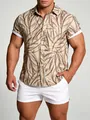 Chemise homme à manches courtes hawaïenne avec motif de feuilles brunes et bord blanc - 3XL / Hauts / Feuille beige marron (C262)